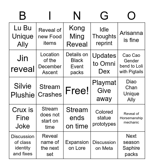 Dev Stream Bingo Card