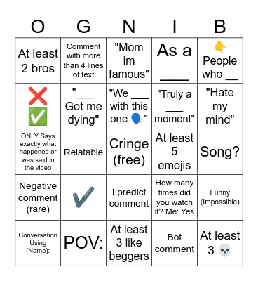 YouTube Shorts Comments Bingo Card