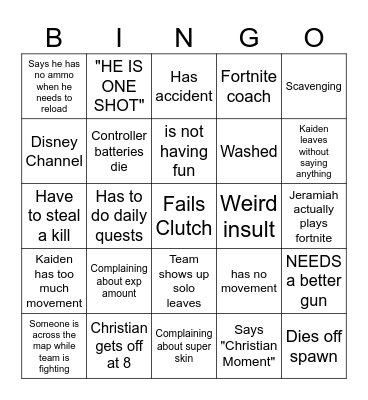 The Fortnite Board Bingo Card