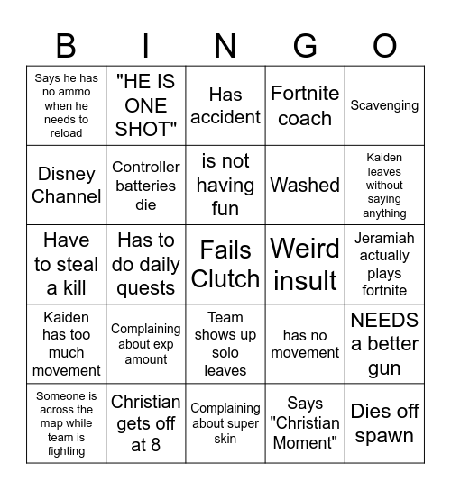 The Fortnite Board Bingo Card