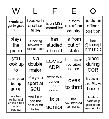 Find A Sister Who Bingo Card