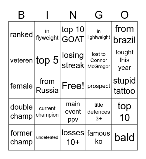 UFC Bingo Card