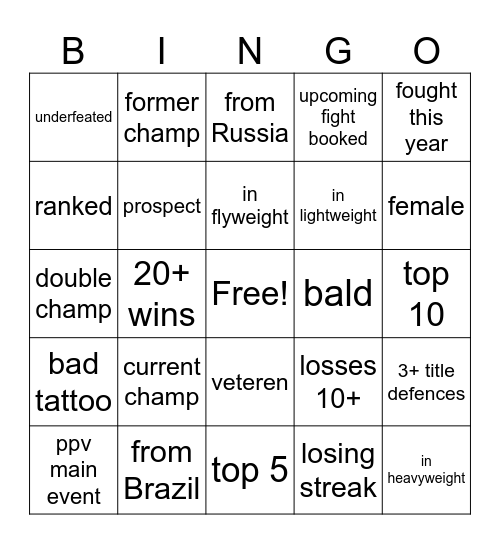 UFC Bingo Card