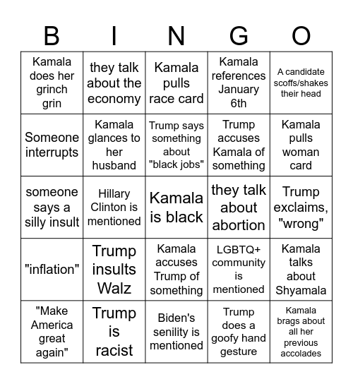 Presidential Debate Bingo Card