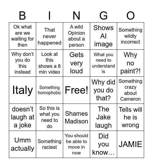 Jake Bingo Card