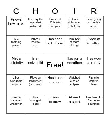 Yay CHOIR! Bingo Card