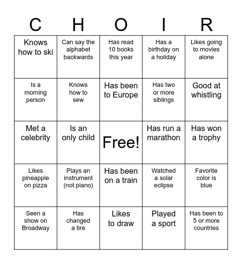 Yay CHOIR! Bingo Card