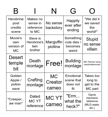 Minecraft Movie Predictions Bingo Card