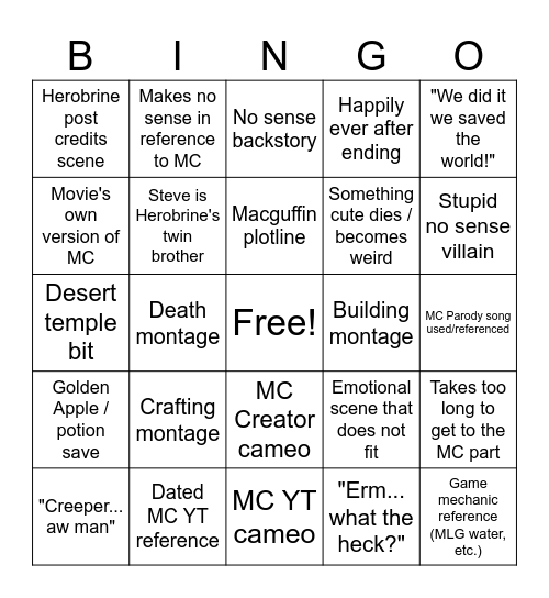 Minecraft Movie Predictions Bingo Card