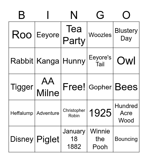 Winnie the Pooh Bingo Card