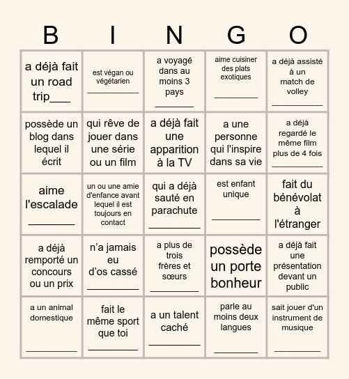 Bingo de la connaissance des autres : trouve quelqu'un qui ... Bingo Card