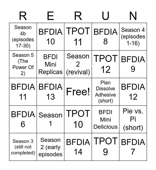 BFDI Bingo Recap Bingo Card