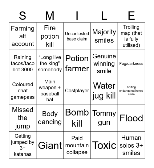 Infectious Smile Bingo Card