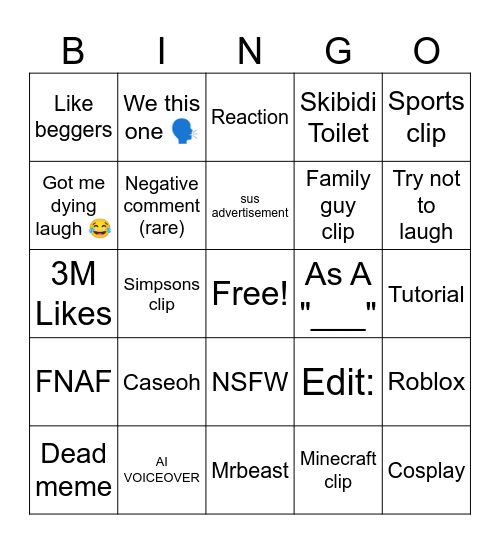 YouTube shorts bingo Card