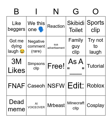 YouTube shorts bingo Card