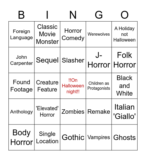 Clubhouse Halloween Movie Bingo Card