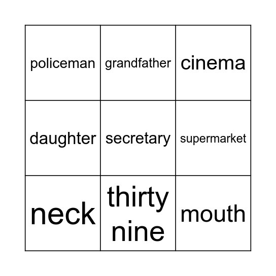 Vocabulary Bingo Card