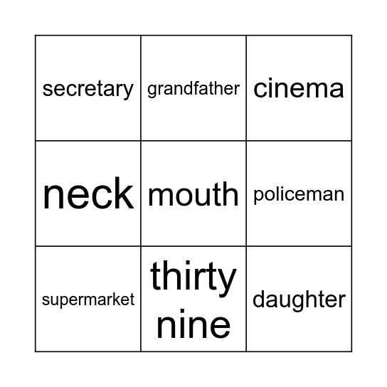 Vocabulary Bingo Card