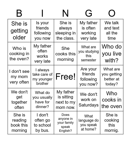 present simple and progressive Bingo Card