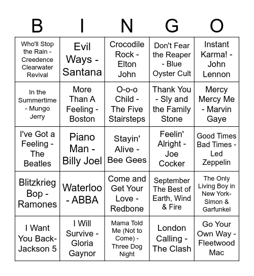 1970s Bingo! Bingo Card