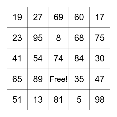 Number Bingo Card