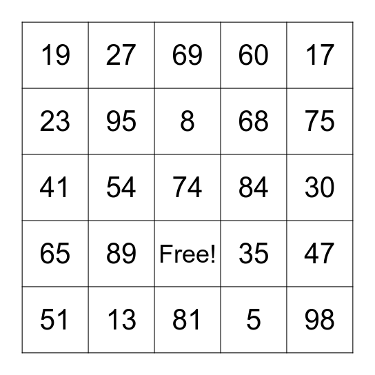 Number Bingo Card
