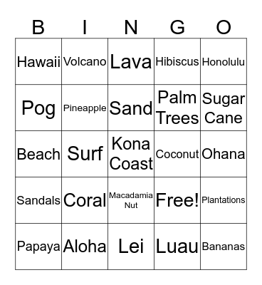 Hawaii Luau Bingo Card