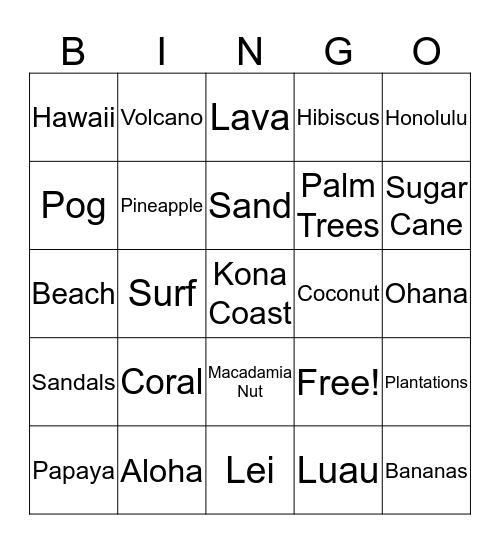 Hawaii Luau Bingo Card