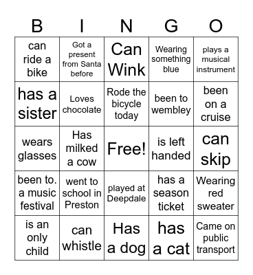 Sit Down - Stand Up Table BINGO Card