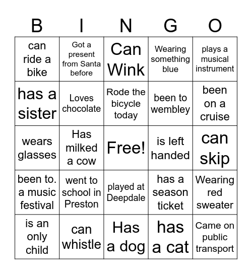 Sit Down - Stand Up Table BINGO Card