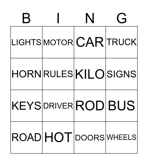 cars Bingo Card