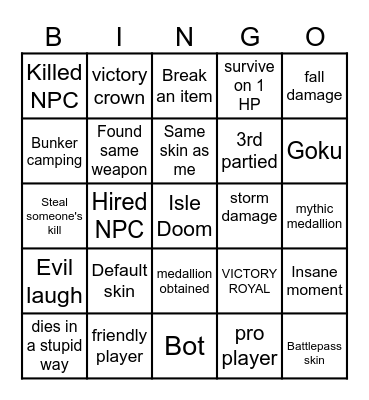 FORTNITE BINGO Card