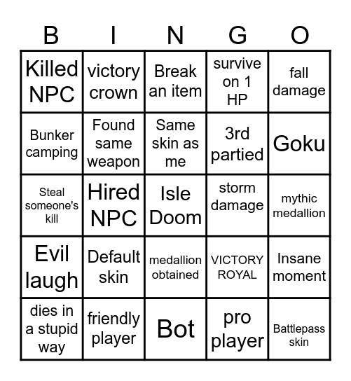 FORTNITE BINGO Card