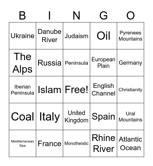 Europe Geography Bingo Card