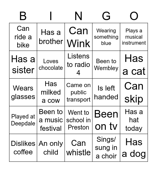 Sit Down - Stand Up Table BINGO Card