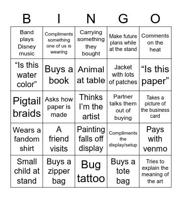 Art in the Park 2024 Bingo Card