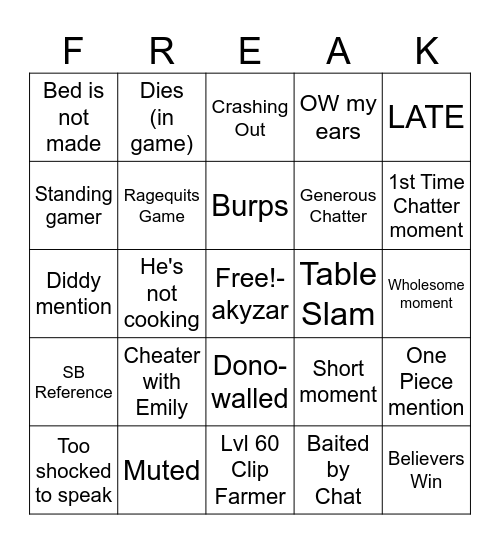 iKalazar Stream Bingo Card