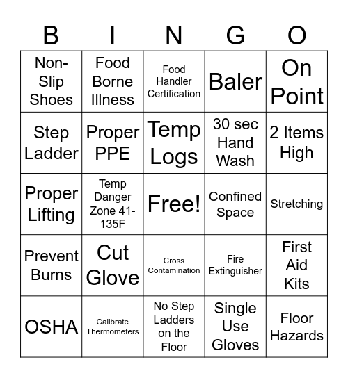 Safety Bingo Card