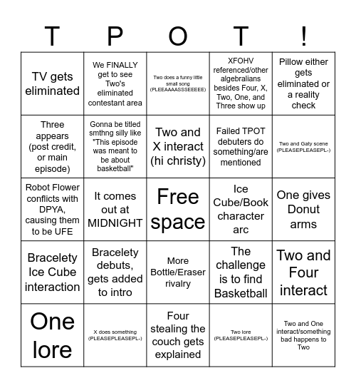 TPOT 13 Predictions Bingo Card