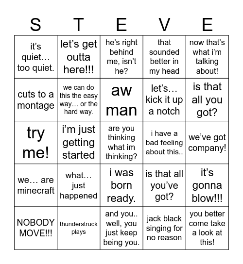 Minecraft Movie Bingo Card