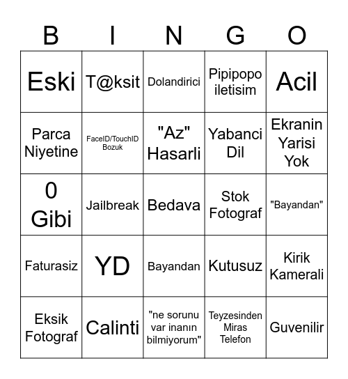 Sahibinden Calinti IPhone Bingo Card