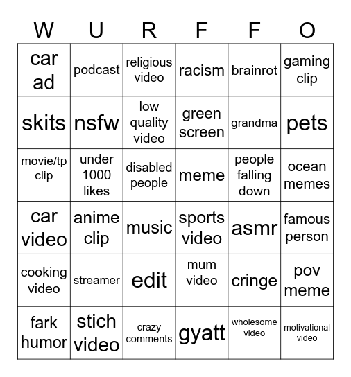 Instagram Bingo Card