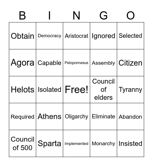 Athens vs Sparta Bingo Card