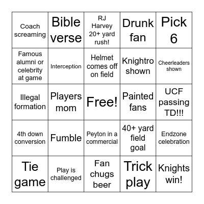 UCF Knights! vs TCU Horned Frogs? Bingo Card