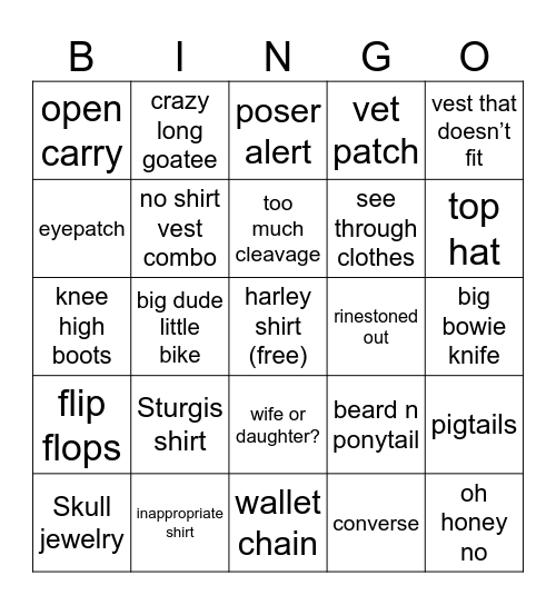 Biker Bingo Card