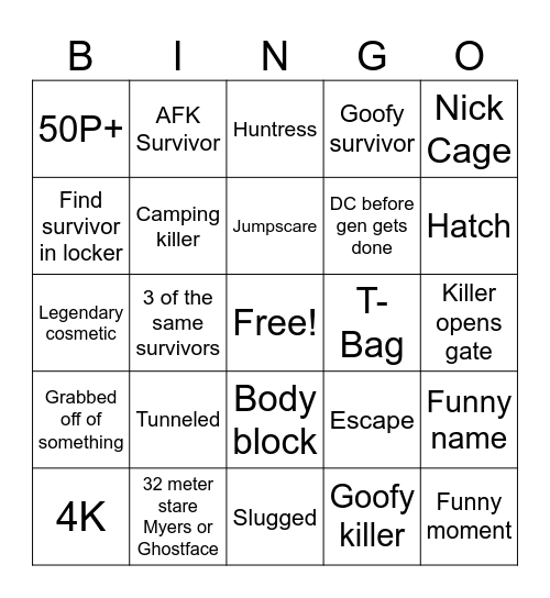 DBD Lights out castle Vania bingo Card