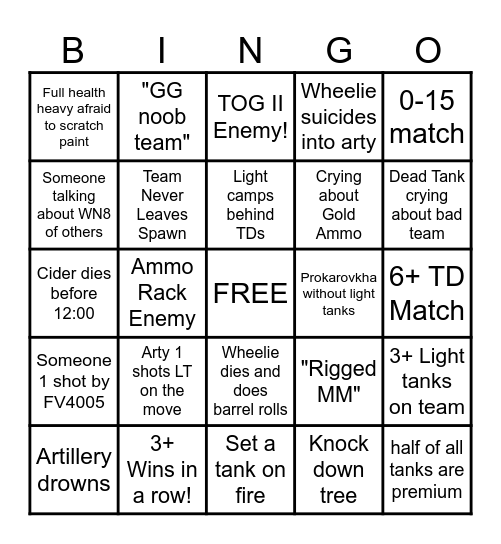 World of Tanks Uncle Lime Bingo Card