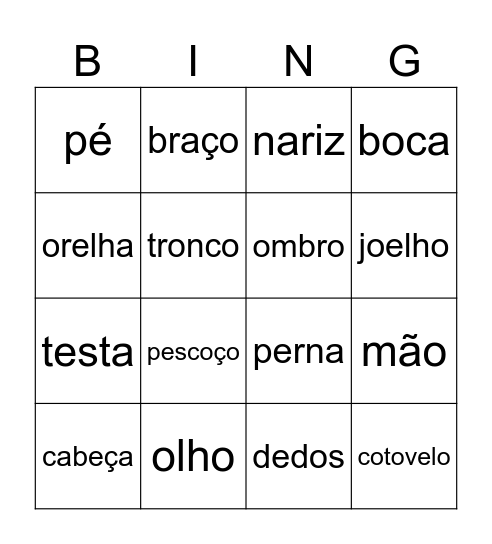 Partes do Corpo Bingo Card