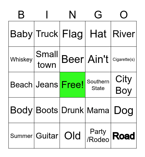 Country Song Bingo Card