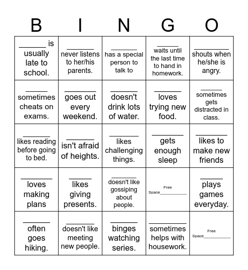 Healthy Living Bingo Card